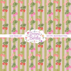 Può includere: Un motivo ripetuto di fiori e foglie stilizzati nelle tonalità del rosa, del rosso e del verde su uno sfondo a righe verde chiaro e rosa. Il testo "Designs of Birdie" è in un design a forma di nuvola. Sono presenti anche i testi "Hand Drawn Art" e "300 DPI, 3600x3600 Pixel".