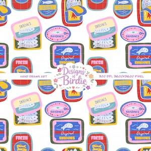 Tinned Fish Seamless Pattern Retro Sardine Tin Digital Paper Mediterranean Kitchen Surface Design Colorful Marine Food Art Print PNG fabric