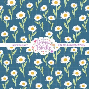 Può includere: Un motivo ripetuto di margherite bianche con centri gialli e steli verdi su uno sfondo a griglia blu scuro. L'immagine include il testo "Designs of Birdie" e "Hand Drawn Art".