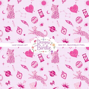 Witchy Coquette Seamless Pattern, Pink Mystic Flash Tattoo Digital Paper, Celestial Leopard Surface Design, Celestial Esoteric Print PNG