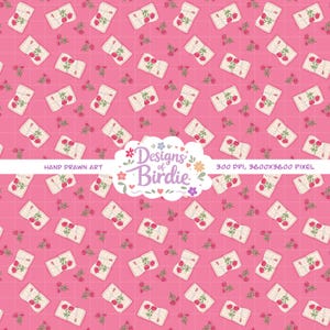 Può includere: Un motivo ripetuto di libri aperti con rose rosse e rametti su uno sfondo a griglia rosa. Il testo "Designs of Birdie" è in un design a forma di nuvola, con "Hand Drawn Art" e "300 DPI, 3600x3600 PIXEL" anch'essi visibili.