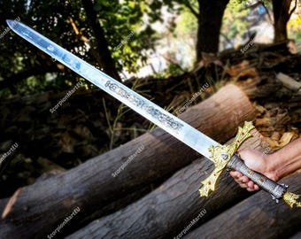 Espada Excalibur hecha a mano / Hoja coleccionable del Rey Arturo con funda de cuero / Diseño de corona de Merlín / Regalos de cumpleaños