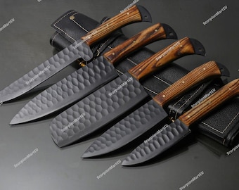 Juego de cuchillos de chef de acero D2 forjado a mano: 5 cuchillos de cocina artesanales, ideal para cocinar y asar a la parrilla.