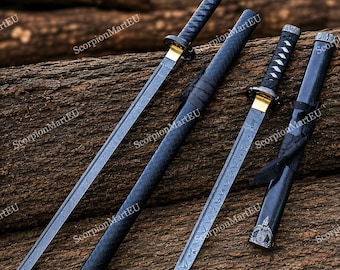 May include: Two swords with patterned steel blades, black wrapped handles, and gold-colored guards. One sword is unsheathed, while the other is partially out of its black textured scabbard. The scabbards feature a diamond pattern and a metal end cap.