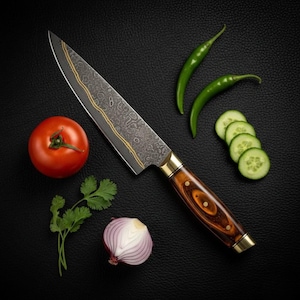 May include: A Damascus steel chef's knife with a wooden handle and gold accents. The knife is next to fresh ingredients: a red tomato, green chillies, cucumber slices, red onion, and coriander on a black surface.