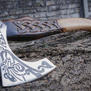Handmade Engraved Viking Axe – Hand Forged Carbon Steel with Ash Wood Handle | Collectible Gift for Men