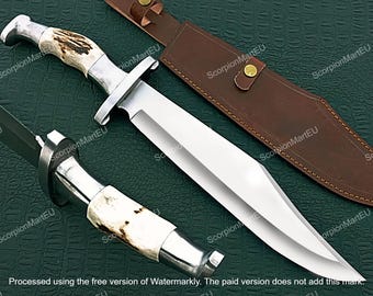 Handmade Bowie Knife, High Carbon Steel Clip Point Knife, Stag Antler Handle, Leather Sheath, Fixed Blade Gift for Him