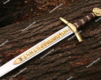 Handgefertigte Gravur Excalibur Stil Mittelalter Schwert Replik | Dekorativer Templerorden | Wikinger Sammler Geschenk für Männer