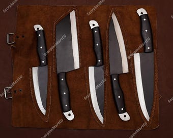 Juego de cuchillos de chef forjados a mano / Cuchillos de cocina de acero con alto contenido de carbono con funda de cuero Regalo de Navidad