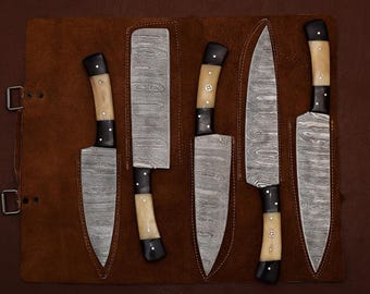 Premium Handmade Damascus Steel Chef Knife Set with Leather Case Wedding Gift