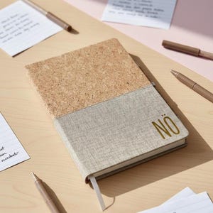 Könnte beinhalten: Ein Notizbuch mit einem Korkdeckel und einem grauen Stoffboden. Das Wort "NÖ" ist goldfarben in der unteren rechten Ecke aufgedruckt. Mehrere Stifte und Notizpapier liegen auf einer hellen Holzoberfläche um das Notizbuch herum.