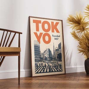 Tokyo Retro Travel Poster, Shibuya Crossing and Tokyo Tower Print, Mid Century Modern Japan Wall Art, Vintage Japanese Cityscape Decor