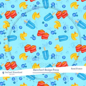 May include: A repeating pattern of summer-themed illustrations on a light blue background. The design includes yellow rubber duckies, red and orange popsicles, blue popsicles, and blue bubbles. The text "Barefoot Design Press" is visible.