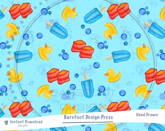 Summer Rubber Duckie Seamless Pattern: Hand-Drawn Popsicles and Floaties (PNG Digital Download)