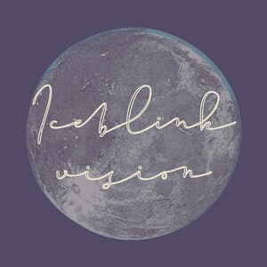 May include: A digital graphic featuring a textured, gray-blue circle resembling a planet, set against a dark purple background. The words "Iceblink vision" are written in a flowing, cream-colored script across the circle.