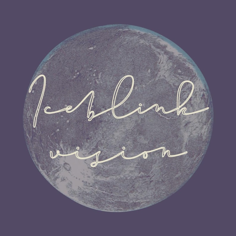 May include: A digital graphic featuring a textured, gray-blue circle resembling a planet, set against a dark purple background. The words "Iceblink vision" are written in a flowing, cream-colored script across the circle.