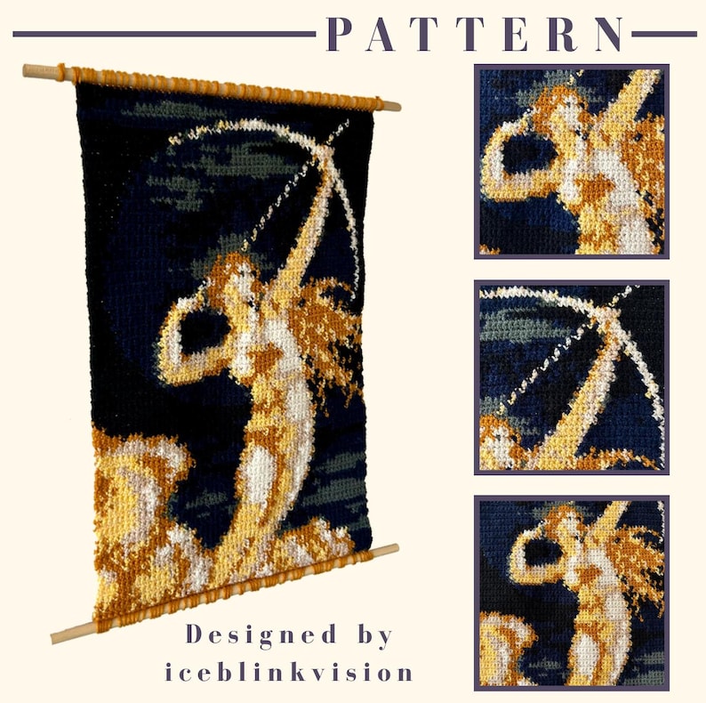 May include: A knitted wall hanging featuring a classical figure with a bow and arrow, in shades of navy, gold, and white. The text "PATTERN" is at the top, and "Designed by iceblinkvision" is at the bottom. The artwork is displayed with wooden dowels.