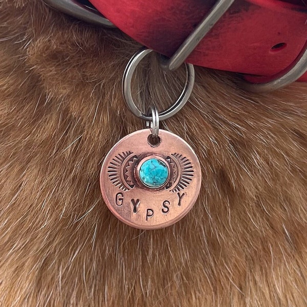 Handmade in Canada! Solid Copper or Brass, Pet ID Tag, with genuine, authentic gemstones (LARGE STONE)