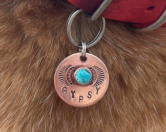 Handmade in Canada! Solid Copper or Brass, Pet ID Tag, with genuine, authentic gemstones (LARGE STONE)