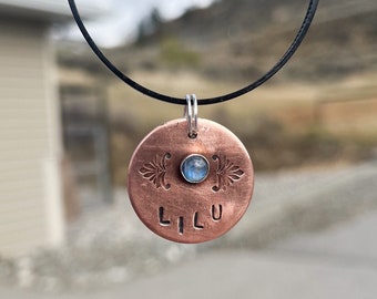 Handmade in Canada! Solid Copper or Brass, Pet ID Tag, with genuine gemstones (SMALL STONE)