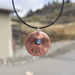 Handmade in Canada! Solid Copper or Brass, Pet ID Tag, with genuine gemstones (SMALL STONE)