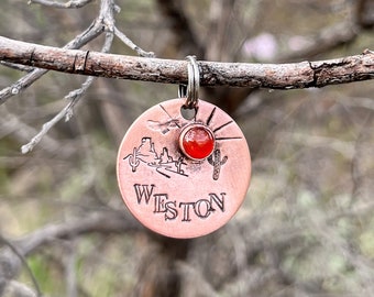 Handmade in Canada! Western Solid Copper or Brass, Pet ID Tag, with genuine gemstones (SMALL STONE)