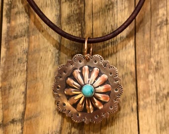 Hand Forged Copper Concho Pendant Necklace, Turquoise Stone, Western Jewelry
