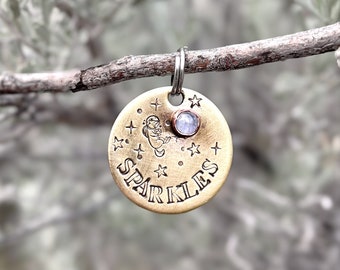 Handmade in Canada! Outer-space Solid Copper or Brass, Pet ID Tag, with genuine gemstones (SMALL STONE)