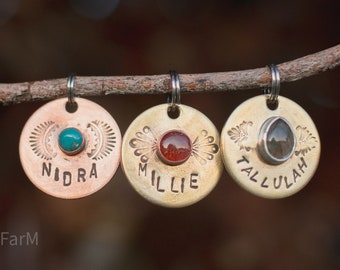 Handmade in Canada! Solid Copper or Brass, Pet ID Tag, with genuine, authentic gemstones (LARGE STONE)