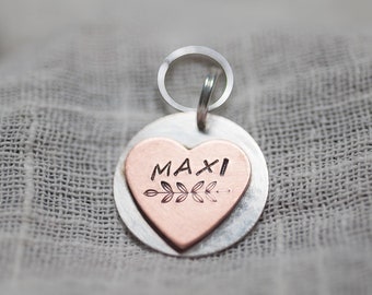 Handmade in Canada!  Silver plated Solid Copper Pet ID tag, Small Cat tag, Small Dog tag, Heart shape ID tag, Extra Small Pet ID tag