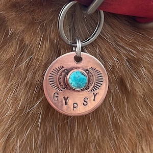 Made in Canada! Handmade Solid Copper or Brass, Pet ID Tag, with genuine gemstones (LARGE STONE), personal gift, gifts for pet lovers