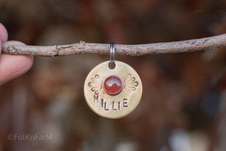 Handmade in Canada Solid Copper or Brass, Pet ID Tag, with genuine, authentic gemstones LARGE STONE image 8