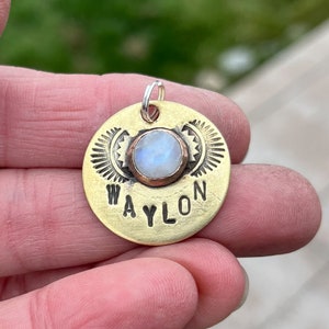 Handmade in Canada Solid Copper or Brass, Pet ID Tag, with genuine, authentic gemstones LARGE STONE Brass w/moonstone