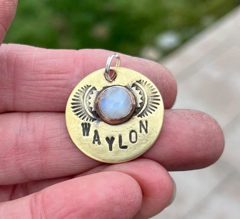 Handmade in Canada Solid Copper or Brass, Pet ID Tag, with genuine, authentic gemstones LARGE STONE Brass w/moonstone