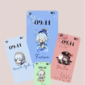 May include: Four phone screen designs with anime-style characters. The screens are light blue, pink, and green, each displaying a different character with the time 09:41. The characters are named Furina, Hu Tao, Nahida, and Kamisato Ayaka.