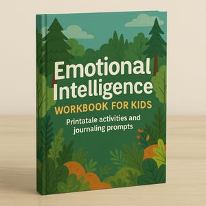 May include: A hardback workbook titled "Emotional Intelligence WORKBOOK FOR KIDS" with a forest-themed cover. The cover is mainly green with illustrations of trees, bushes, and clouds. The text "Printatale activities and journaling prompts" is also visible.
