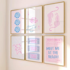 Girly Coastal Wall Art Set Pink and Blue Coastal Dorm Room Decor For Preppy Girls Room Blue Seashell Print Guest Check Wall Art Pink Cheetah