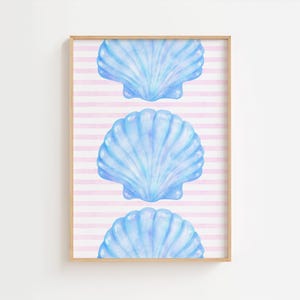 Girly Coastal Wall Art Blue Seashell Stripes Print Coastal Granddaughter Aesthetic Preppy Girl Dorm Decor Coastal Cowgirl Grandmillennial
