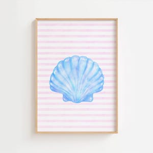 Seashell & Stripes Wall Art Print, Girly College Dorm Decor, Coastal Granddaughter Aesthetic, Pink and Blue Coastal Wall Art Printable