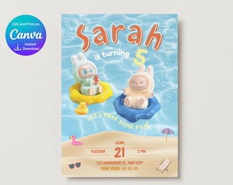 Labubu-verjaardagsuitnodiging, bewerkbare canva-sjabloon (digitale download)
