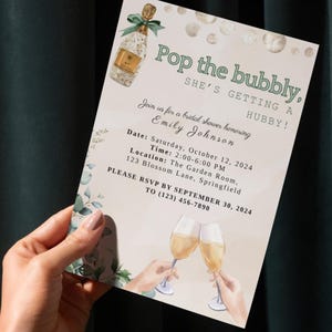 Pop de sprankelende vrijgezellenfeestuitnodiging | Champagne-thema | Bewerkbare sjabloon | Rustiek groen | Afdrukbare uitnodiging | Direct downloaden