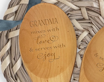 Grandma Spoon Gift - Mixes with Love & Serves with Joy Wooden Spoon -  Gift for Grandma - Engraved Wooden Spoon - Mother's Day Gift