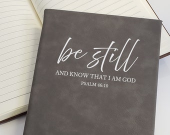 Prayer Journal -  Gray Leather Bible Study Notebook - Psalm 46:10 - Be Still and Know That l Am God - Custom Journal Gift for Church Leader