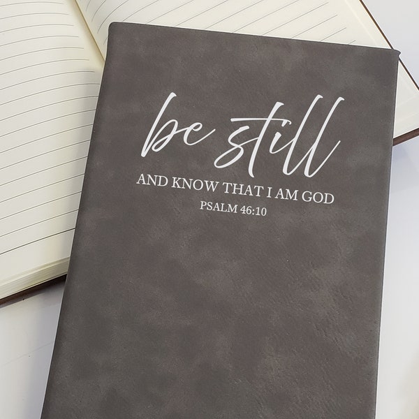 Prayer Journal -  Gray Leather Bible Study Notebook - Psalm 46:10 - Be Still and Know That l Am God - Custom Journal Gift for Church Leader