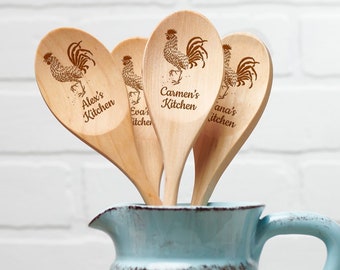 Rooster Spoon -Farmhouse Kitchen Spoon - Rustic Kitchen Decor - Cooking utensils Wood - Personalized Wooden Spoon - Custom Name Kitchen Gift