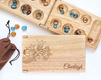 Mancala Board - African Stone Game -Engraved Floral Wood -  Flower Girl Gift - Child Educational Tool - Counting Games