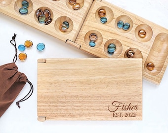 Wooden Mancala Board - Custom Last Name - Family Game Night Marble Games - Wedding Gift - Vacation Home Game Set
