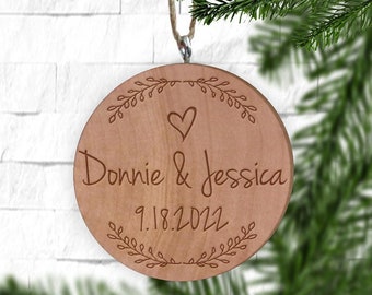 Couple’s Names Pine Sprigs Tree Ornament - Wooden Anniversary - December Wedding Favor - Save the Date