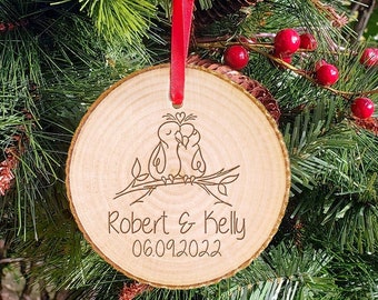 Our First Christmas Love Birds Tree Ornament - Personalized Holiday Decoration - Custom Wooden Gift Tag