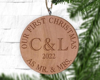 Our First Christmas as Mr and Mrs Initials Wedding Ornament  - Engraved Wooden Wine  Gift Tag